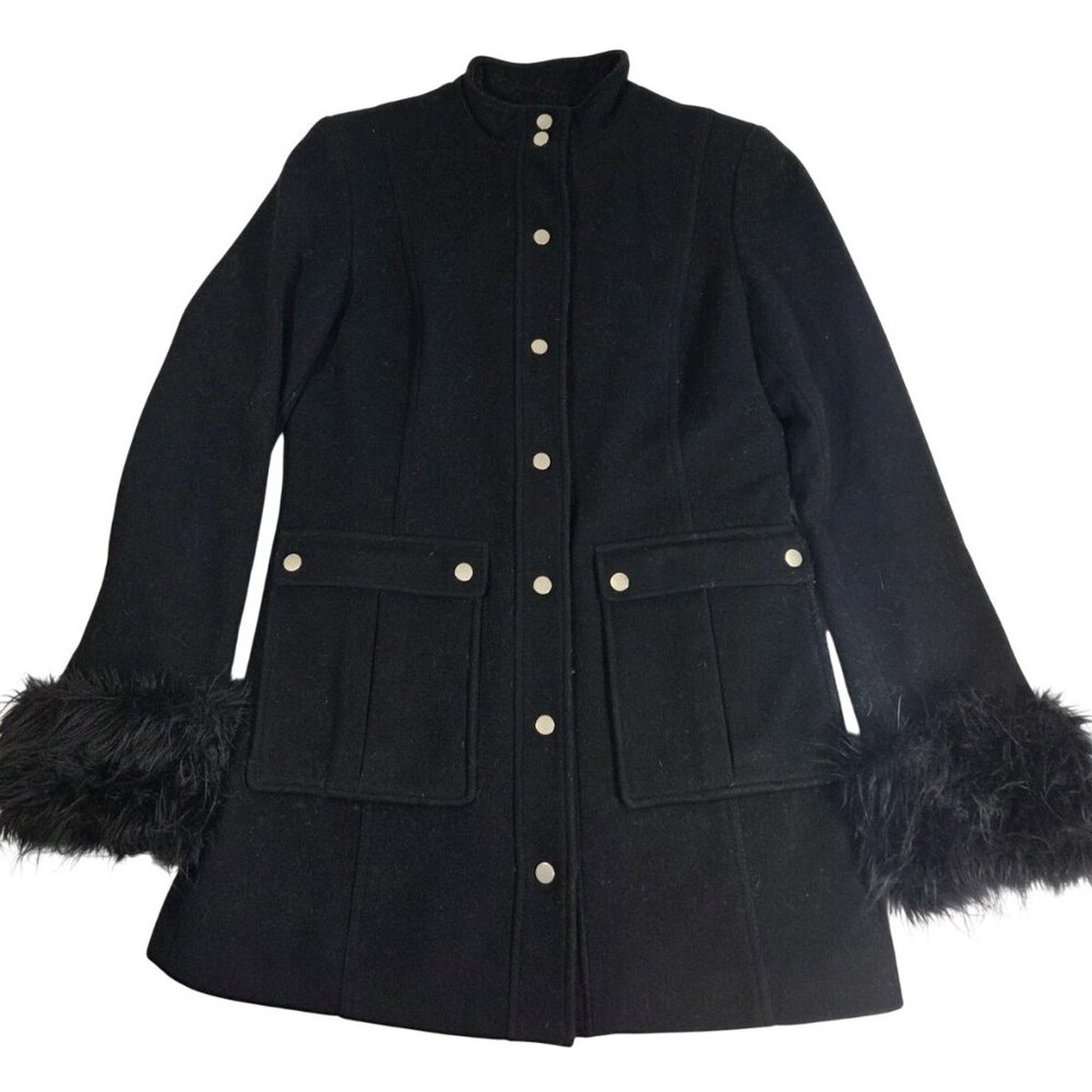 VTG Express Wool Faux Fur Trim Black Pea Coat Goth Old Money Y2K 90s Whimsigoth